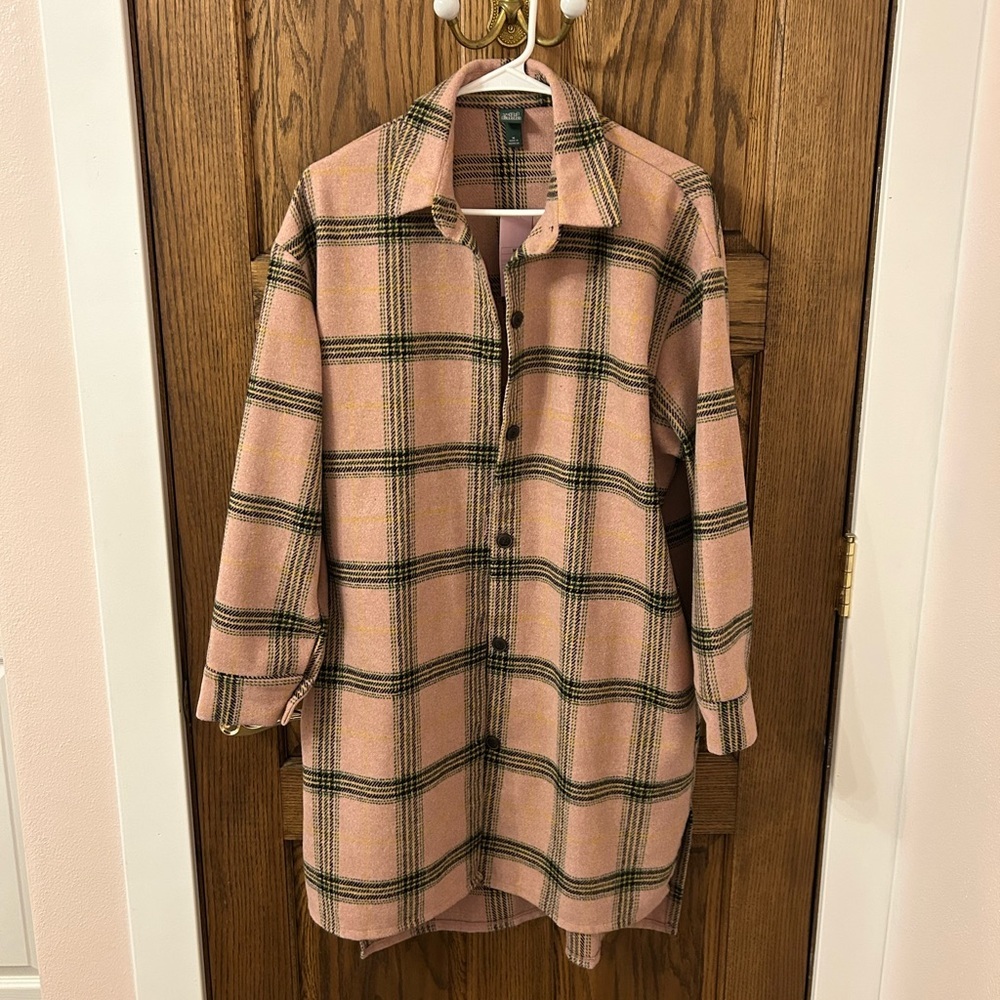 Wild Fable Pink Plaid Long Button-Up Jacket Shacket Size Medium NWT
